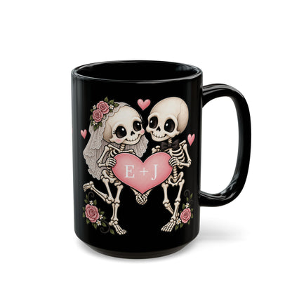 Skeleton Love couple design with initials on a black mug, view 2