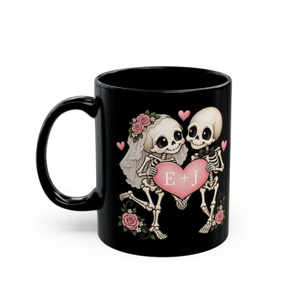 Skeleton Love couple design with initials on a black mug, view 3