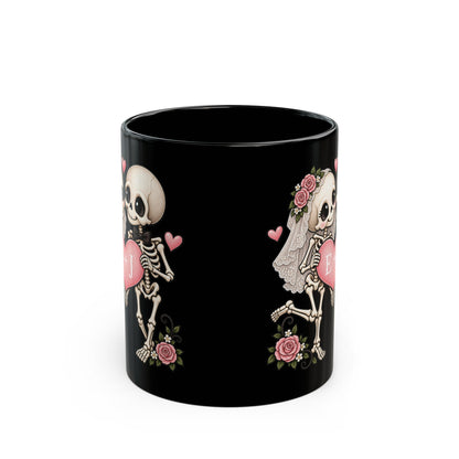 Skeleton Love couple design with initials on a black mug, view 4