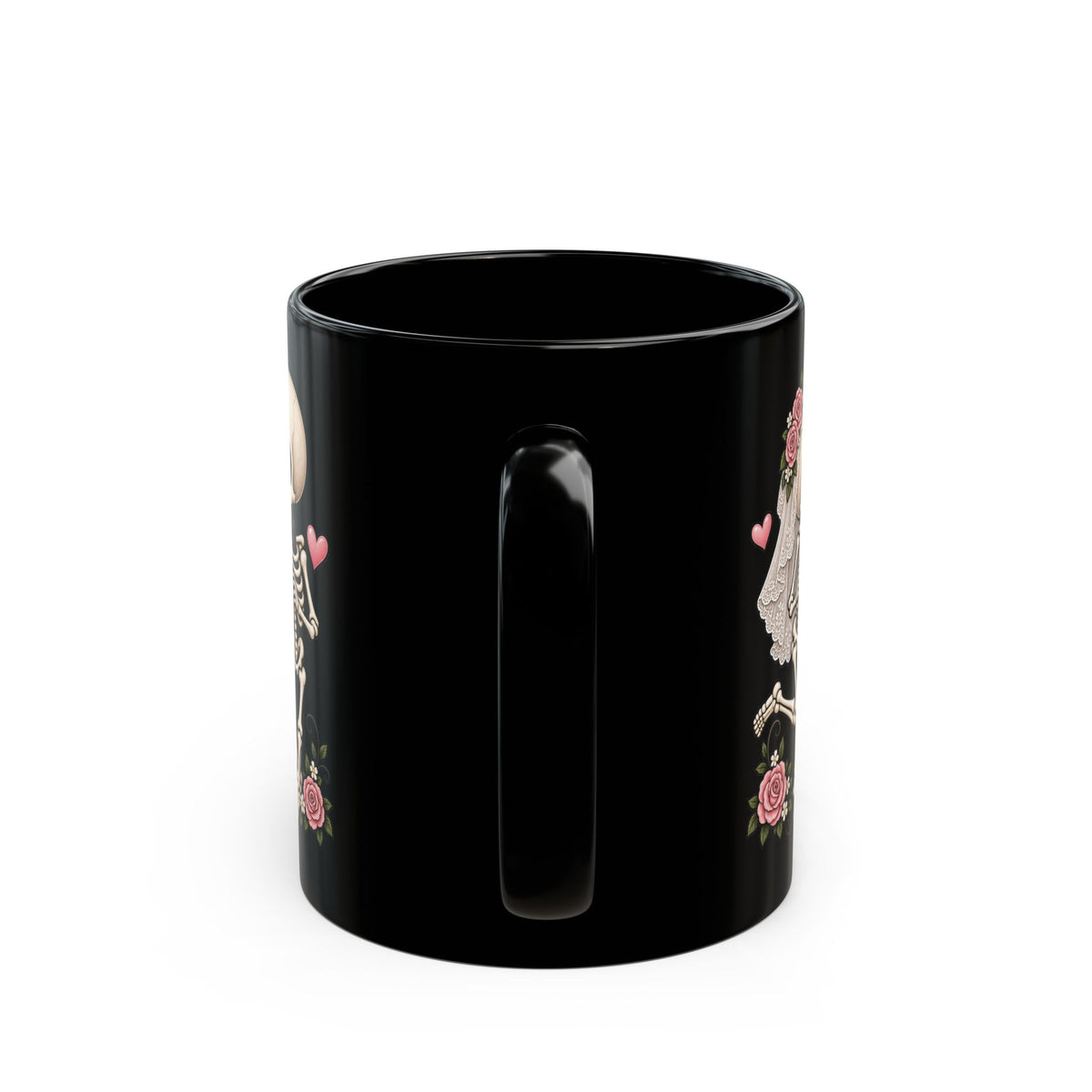 Skeleton Love couple design with initials on a black mug, view 5