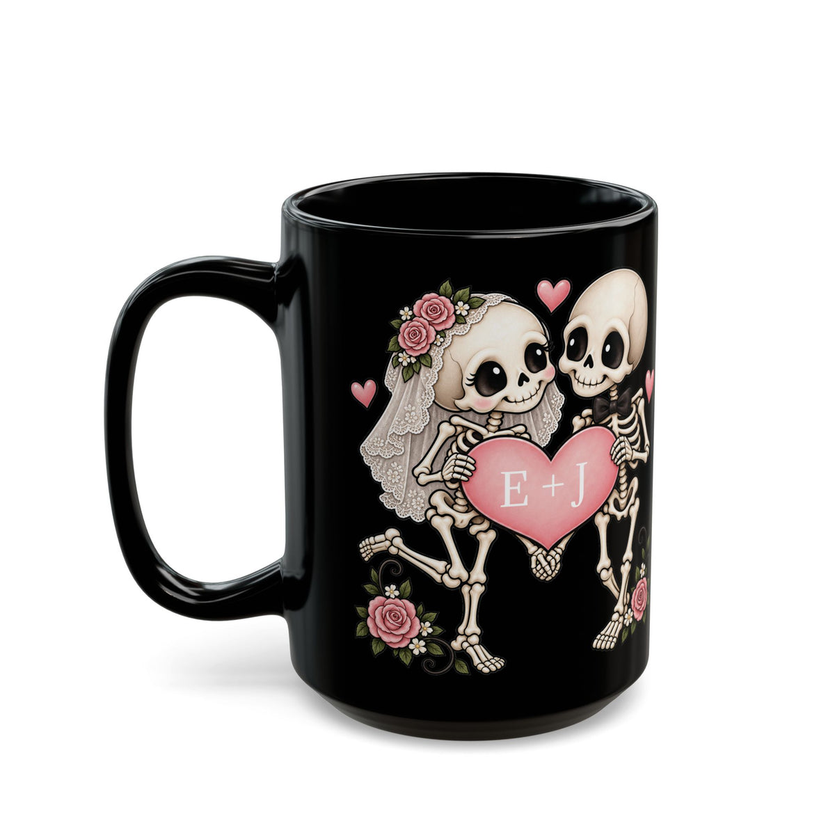 Skeleton Love couple design with initials on a black mug, view 6