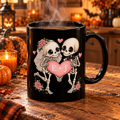Skeleton Love couple design with initials on a black mug, view 7