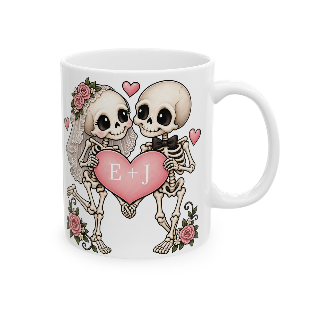 Skeleton Love couple design with initials on a white ceramic mug, view 1