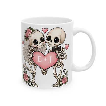 Skeleton Love couple design with initials on a white ceramic mug, view 1