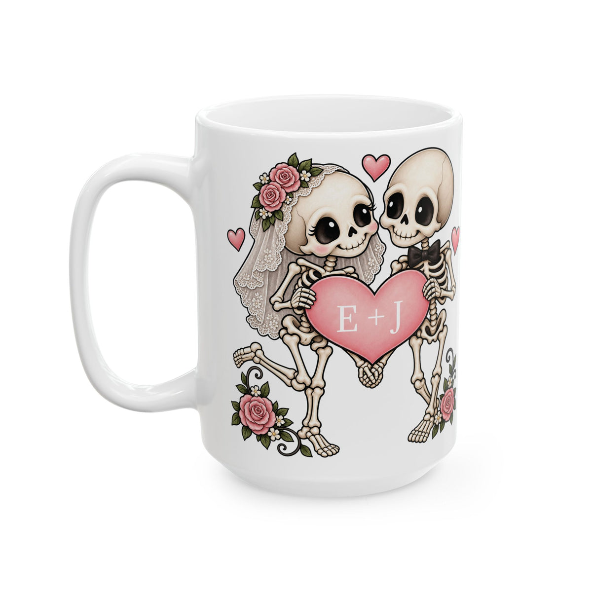 Skeleton Love couple design with initials on a white ceramic mug, view 2