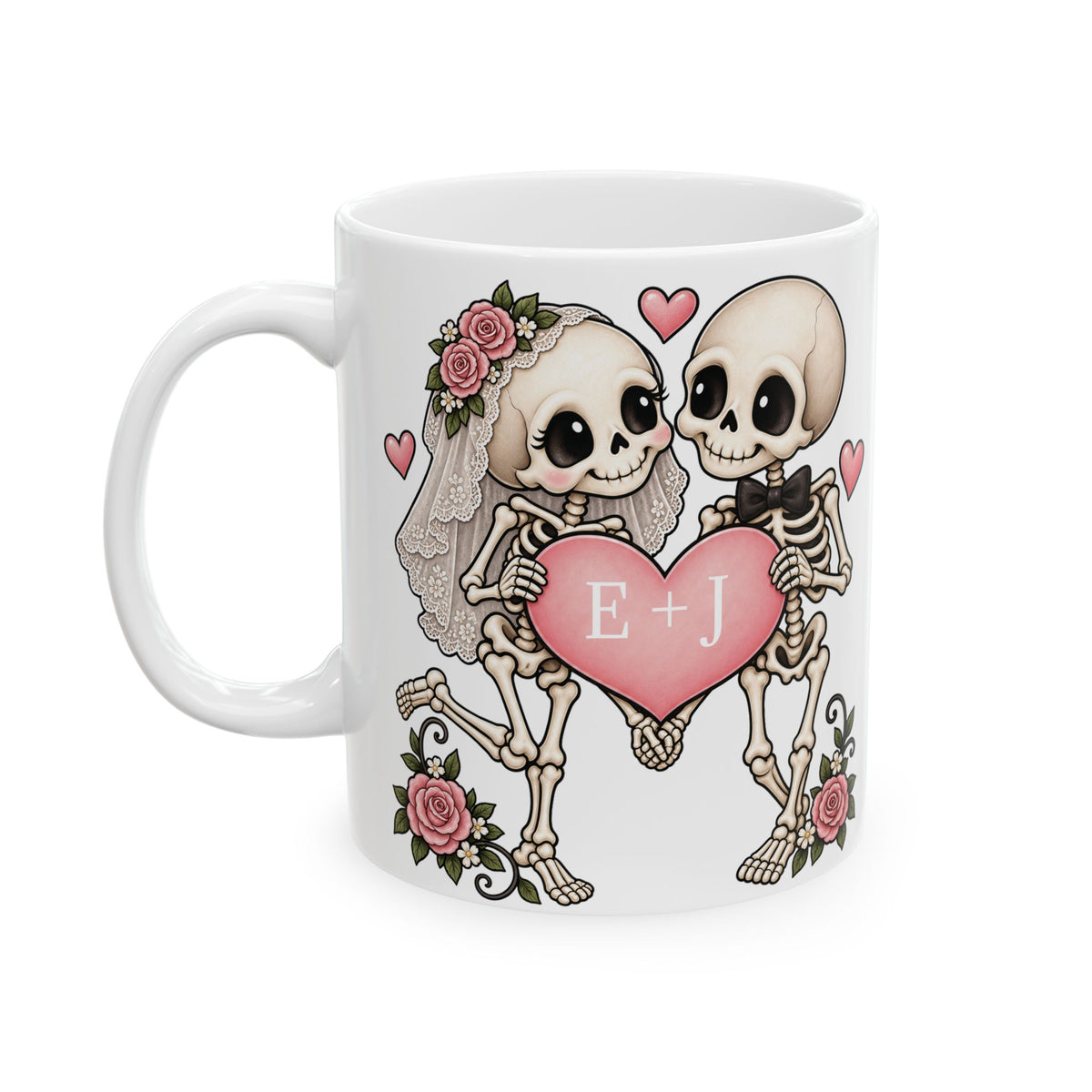 Skeleton Love couple design with initials on a white ceramic mug, view 3