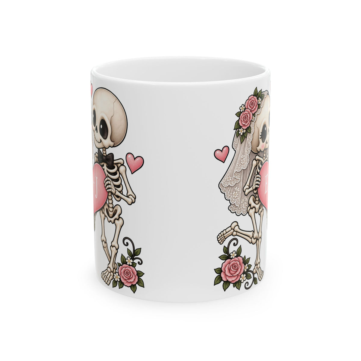 Skeleton Love couple design with initials on a white ceramic mug, view 4