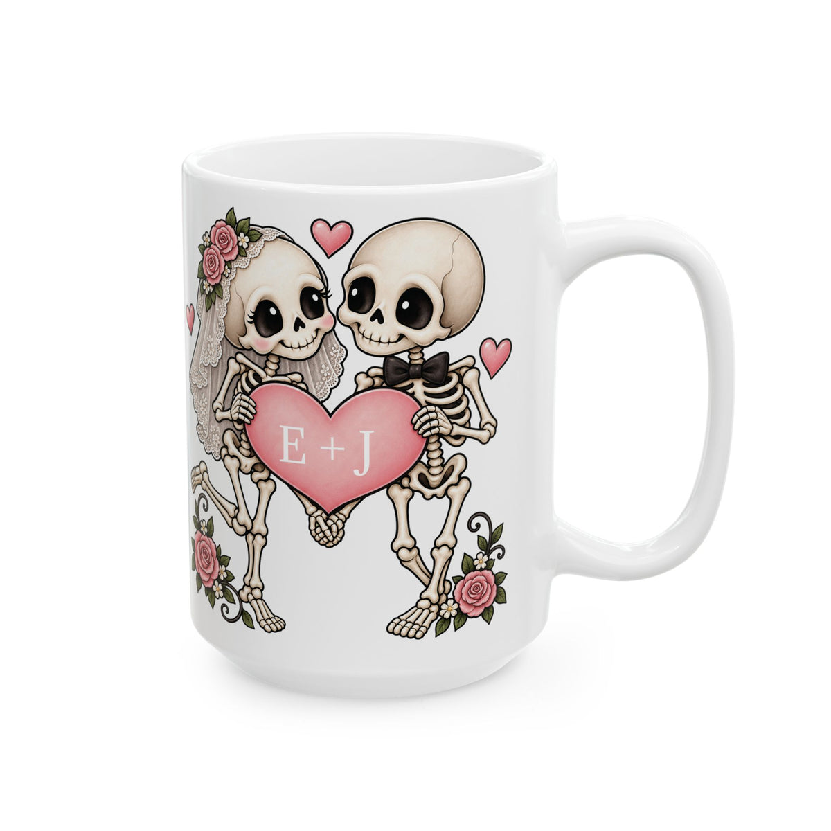Skeleton Love couple design with initials on a white ceramic mug, view 6