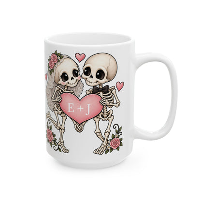 Skeleton Love couple design with initials on a white ceramic mug, view 6