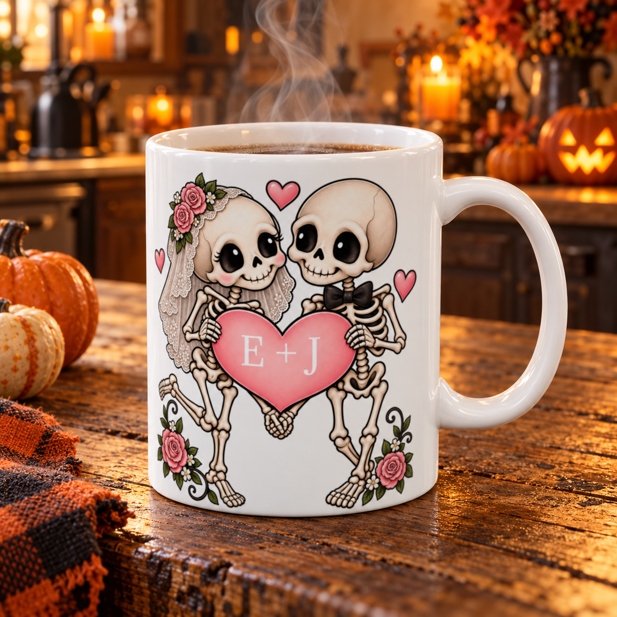 Skeleton Love couple design with initials on a white ceramic mug, view 7