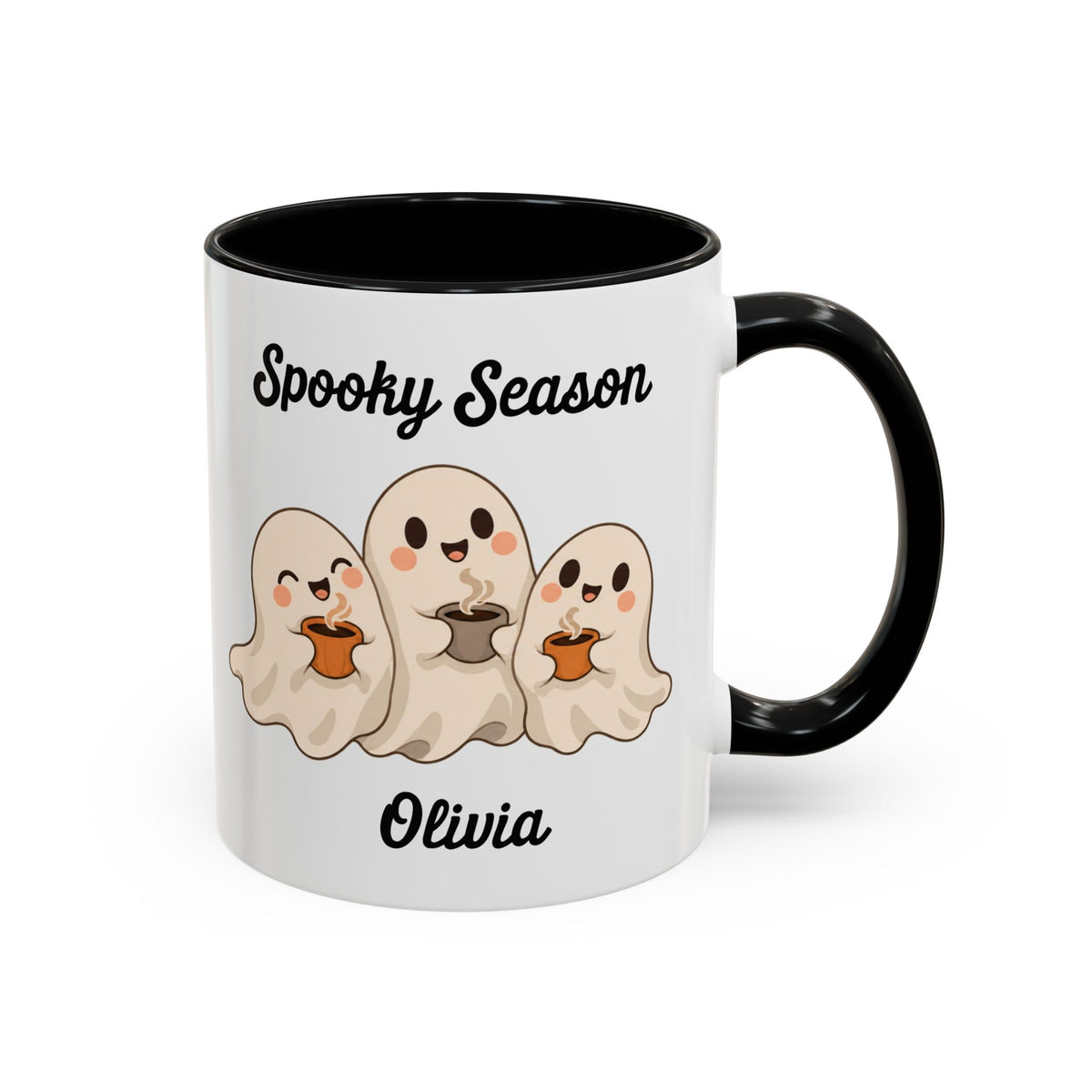 Spooky Season ghost design with a name on an accent mug, view 1