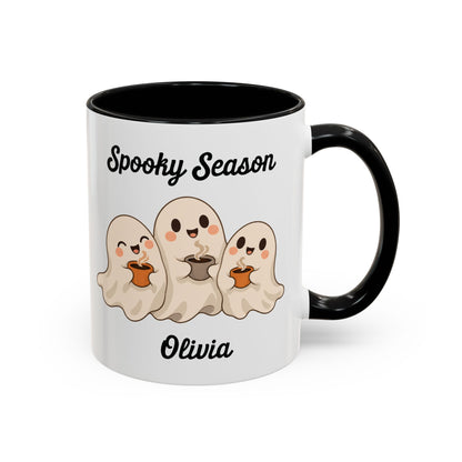 Spooky Season ghost design with a name on an accent mug, view 1