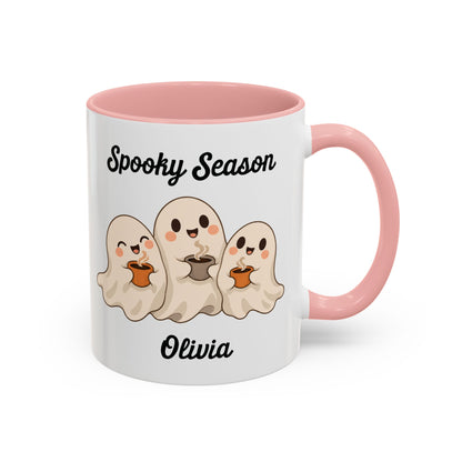 Spooky Season ghost design with a name on an accent mug, view 3
