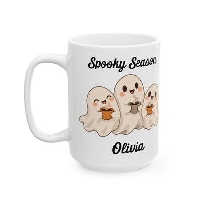 Spooky Season ghost design with a name on a white ceramic mug, view 2