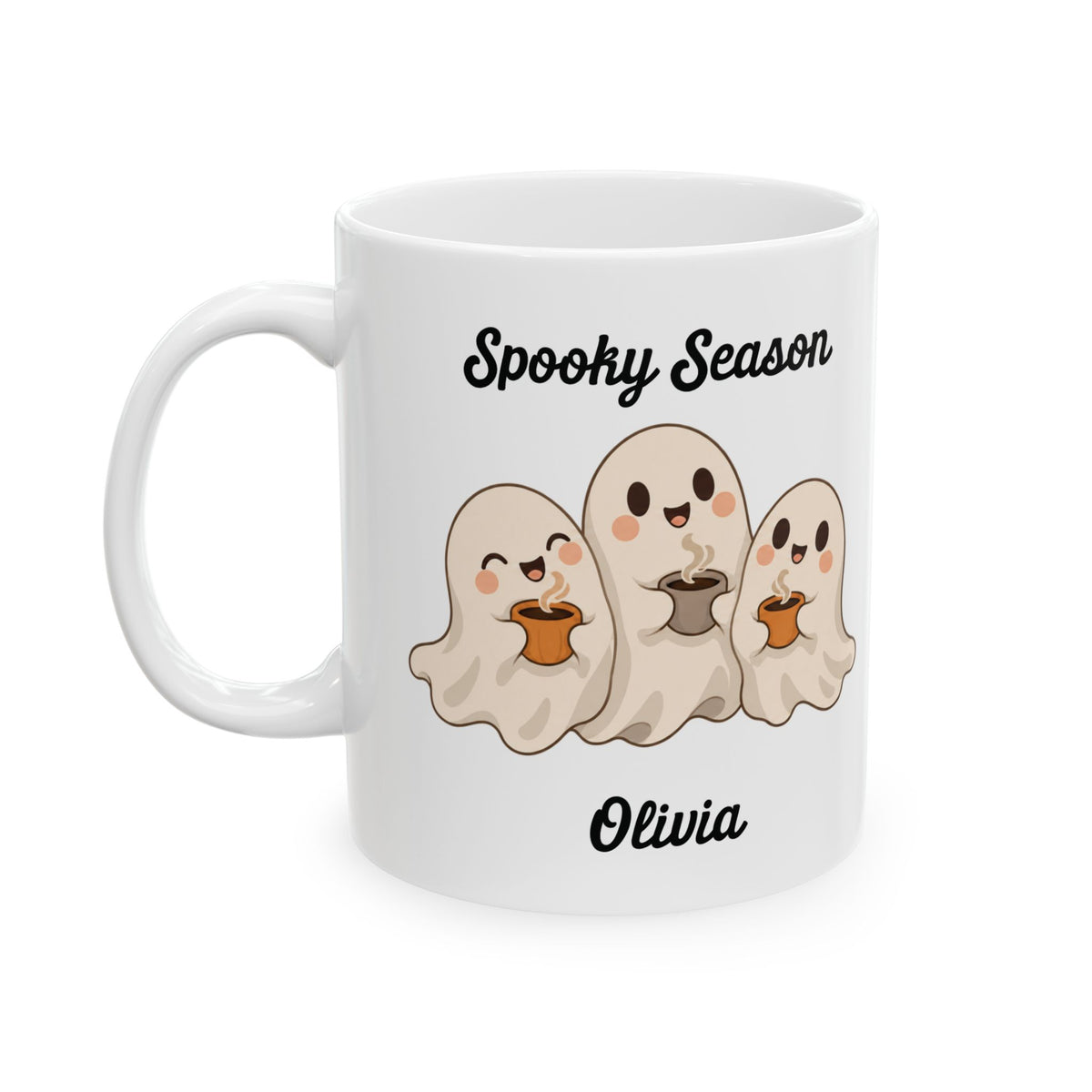 Spooky Season ghost design with a name on a white ceramic mug, view 3