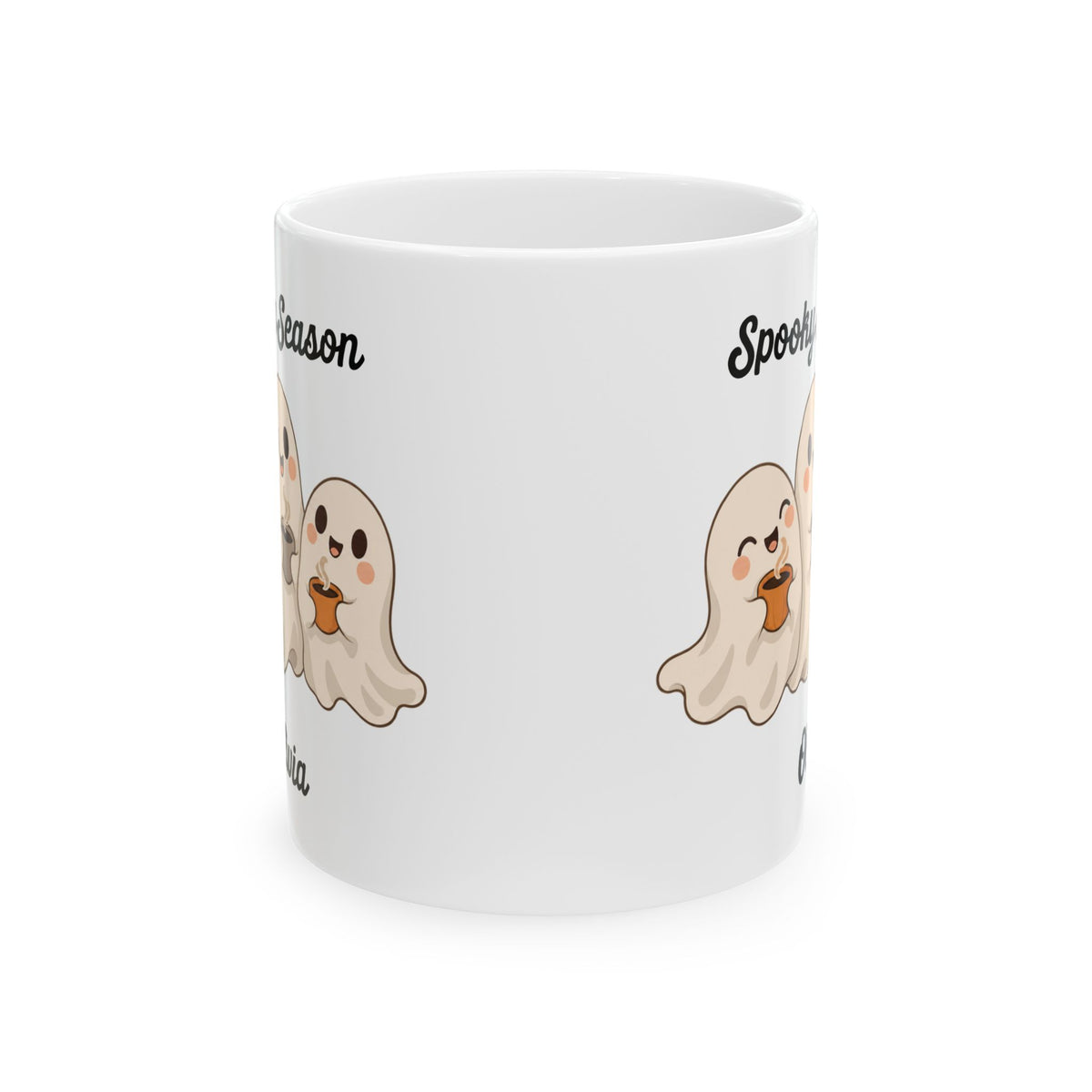 Spooky Season ghost design with a name on a white ceramic mug, view 4