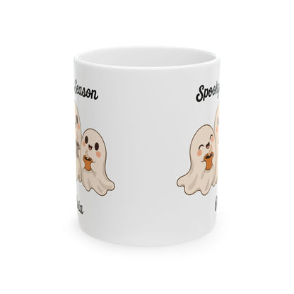 Spooky Season ghost design with a name on a white ceramic mug, view 4