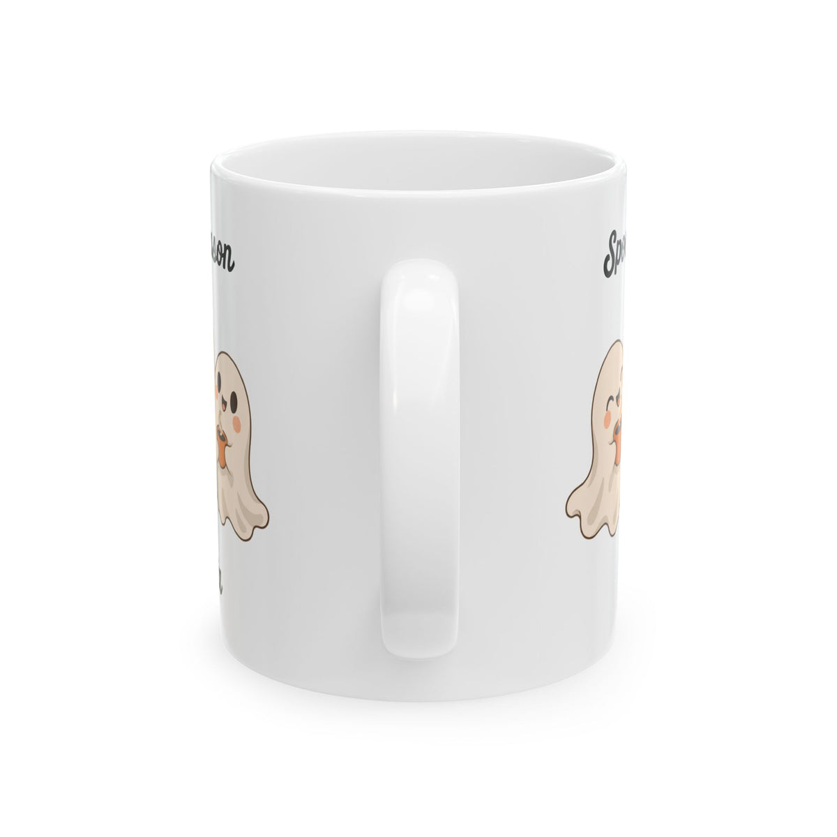 Spooky Season ghost design with a name on a white ceramic mug, view 5