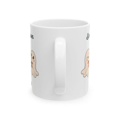 Spooky Season ghost design with a name on a white ceramic mug, view 5
