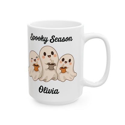 Spooky Season ghost design with a name on a white ceramic mug, view 6