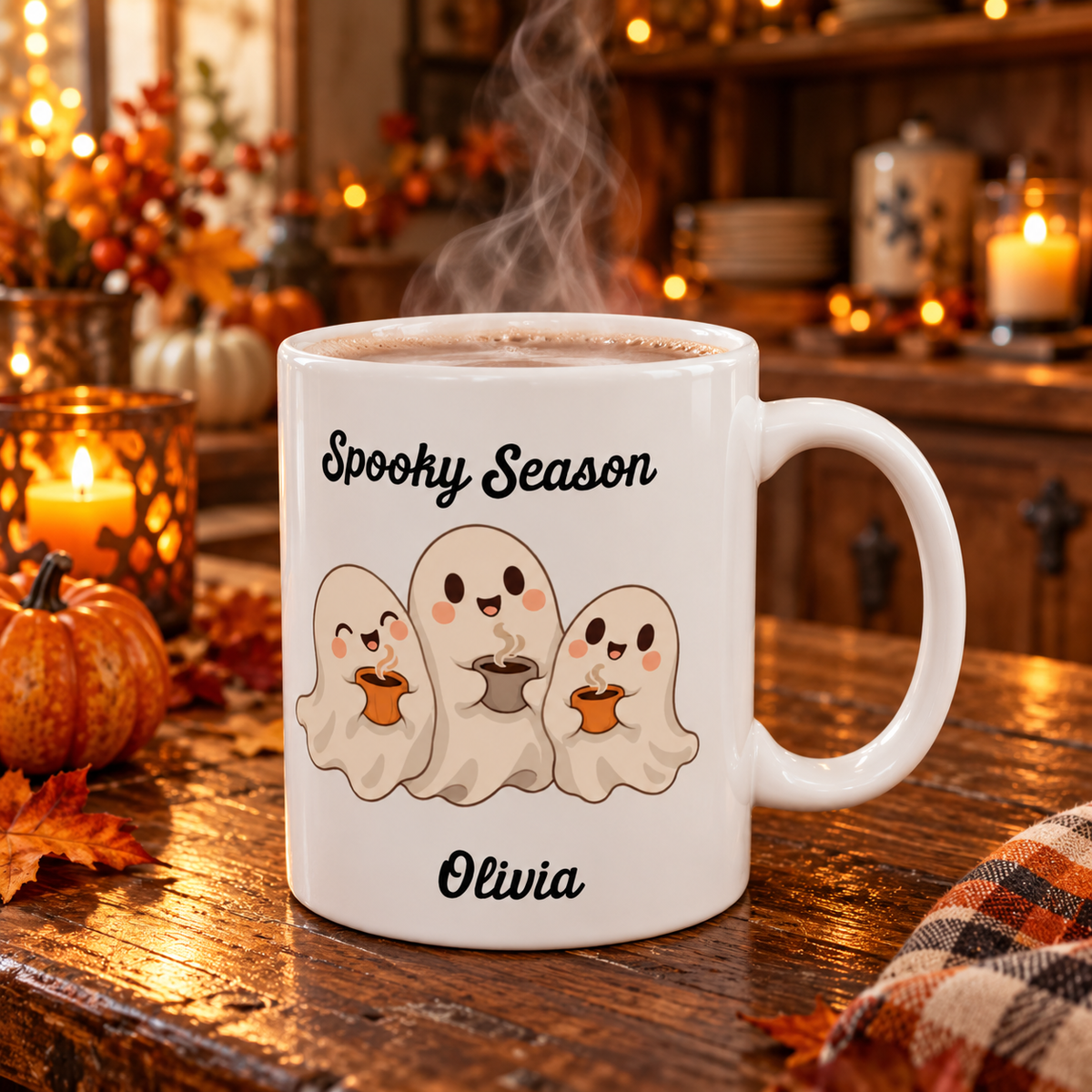Spooky Season ghost design with a name on a white ceramic mug, view 7