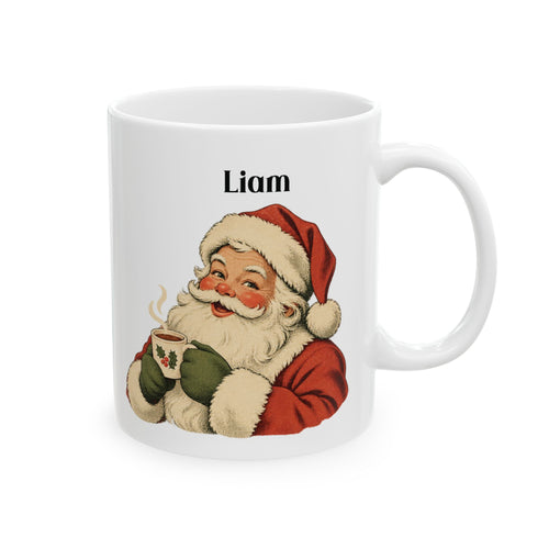 Vintage Santa design with a name on a white ceramic mug, view 1