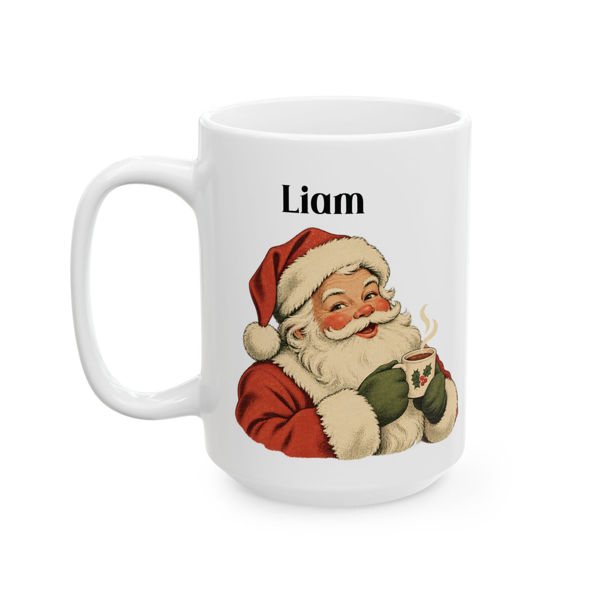 Vintage Santa design with a name on a white ceramic mug, view 2