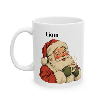 Vintage Santa design with a name on a white ceramic mug, view 5