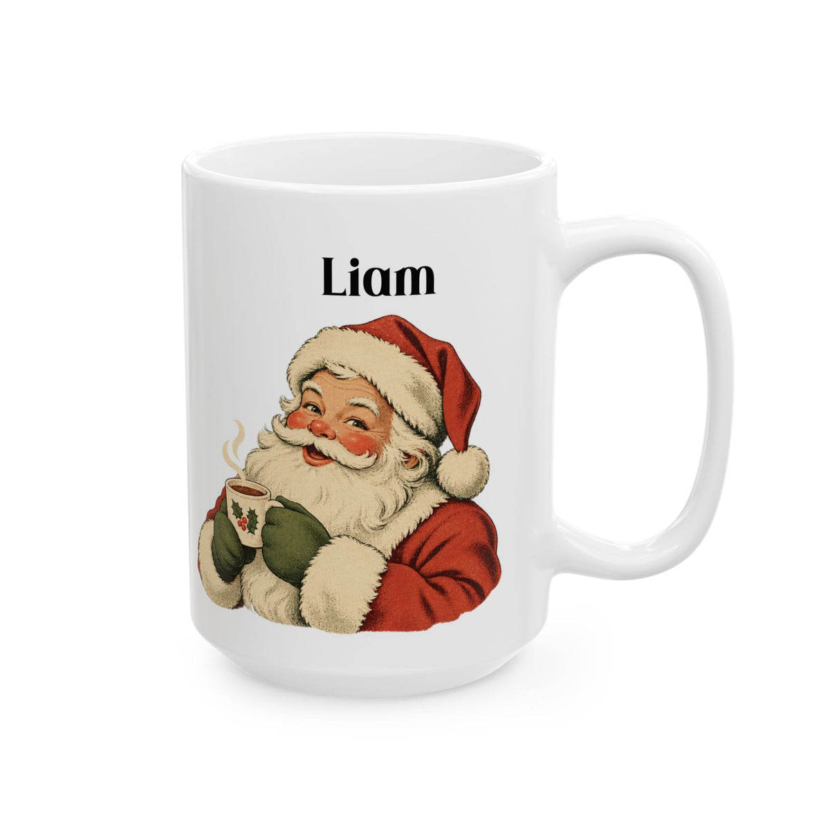 Vintage Santa design with a name on a white ceramic mug, view 6
