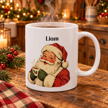 Vintage Santa design with a name on a white ceramic mug, view 7