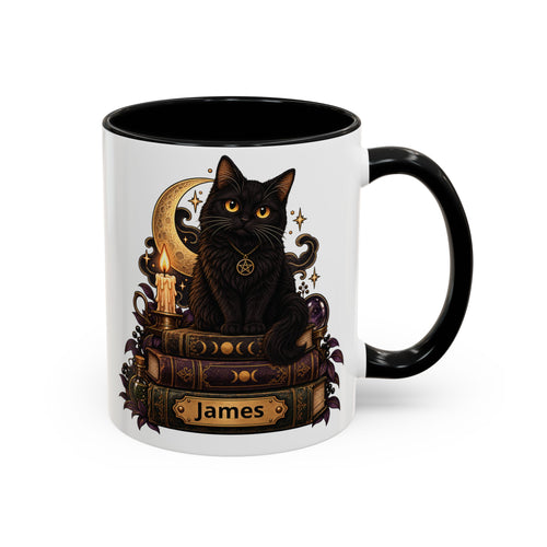 Witchy Black Cat design with a name on an accent mug, view 1