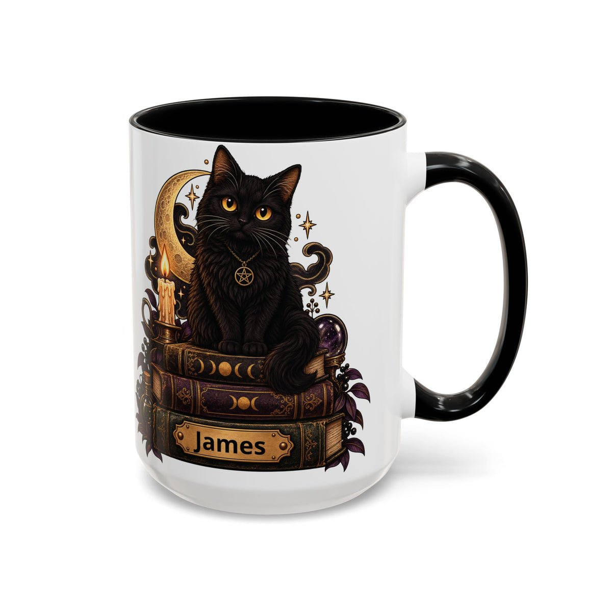 Witchy Black Cat design with a name on an accent mug, view 4