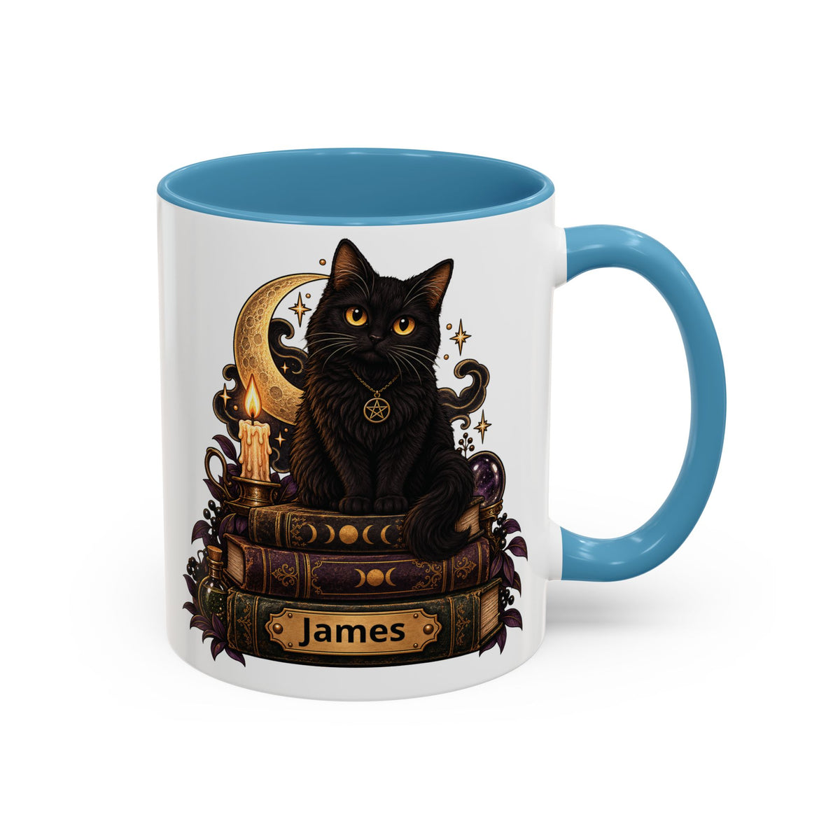 Witchy Black Cat design with a name on an accent mug, view 5