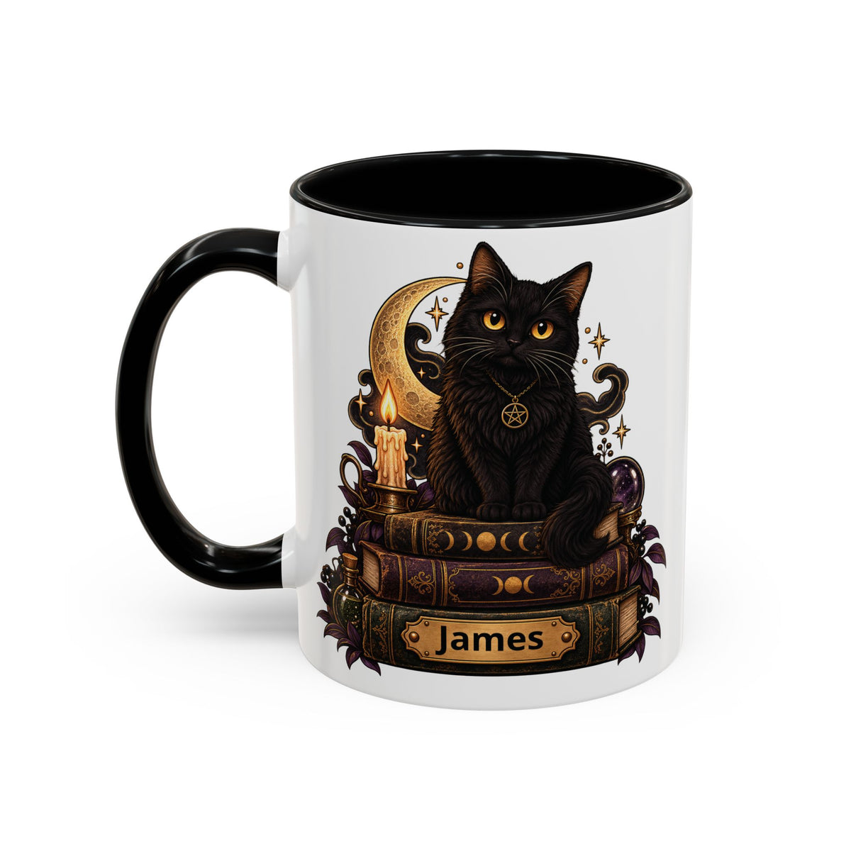 Witchy Black Cat design with a name on an accent mug, view 9