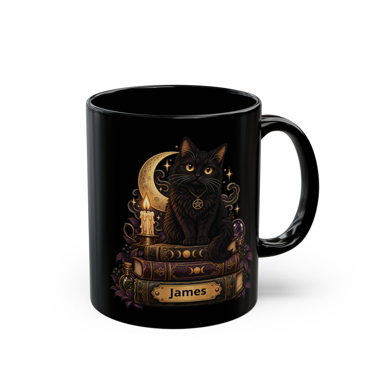 Witchy Black Cat design with a name on a black mug, view 1
