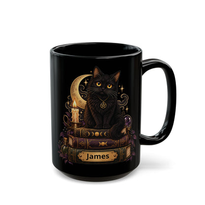 Witchy Black Cat design with a name on a black mug, view 2