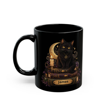 Witchy Black Cat design with a name on a black mug, view 3