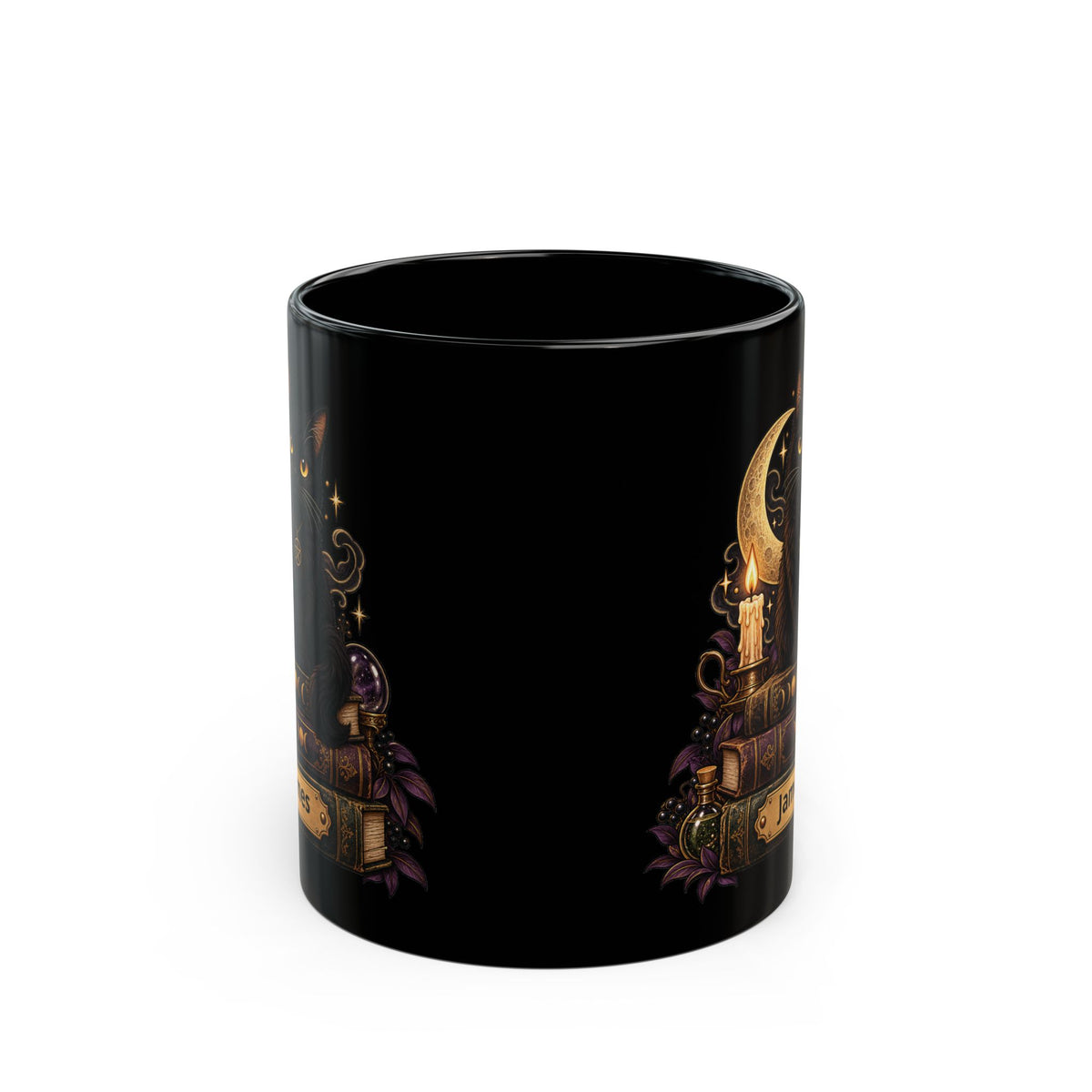 Witchy Black Cat design with a name on a black mug, view 4