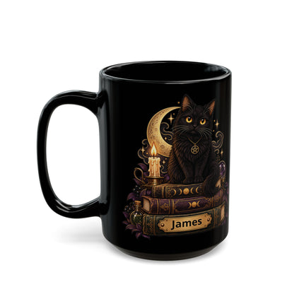 Witchy Black Cat design with a name on a black mug, view 6