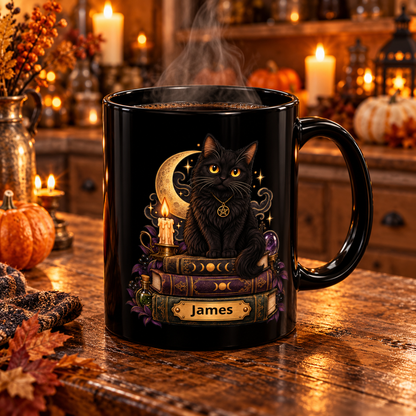 Witchy Black Cat design with a name on a black mug, view 7