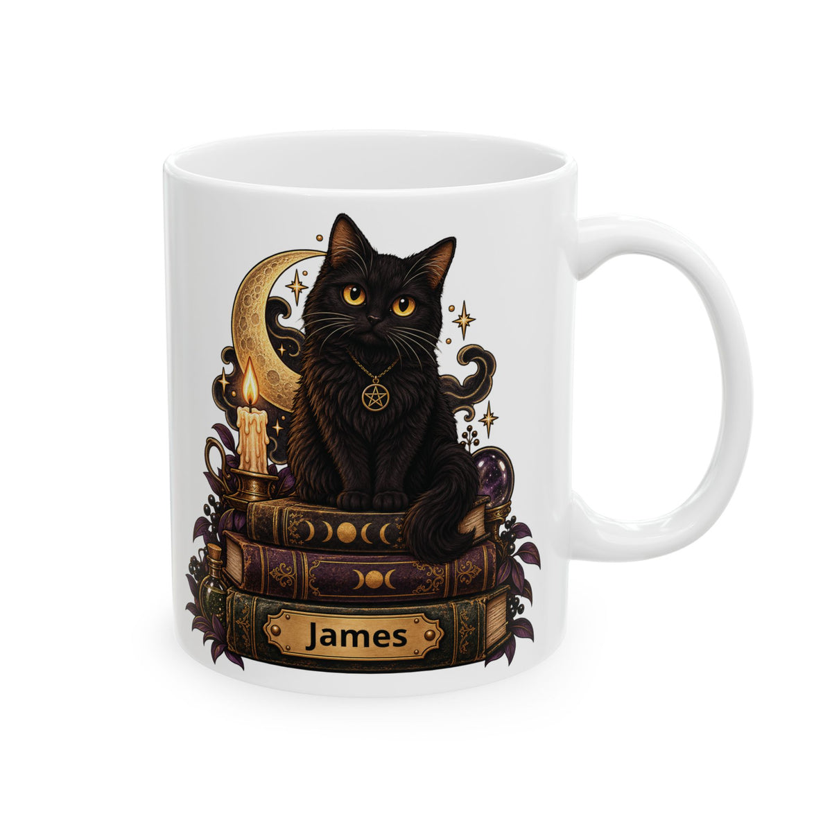 Witchy Black Cat design with a name on a white ceramic mug, view 1