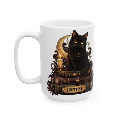 Witchy Black Cat design with a name on a white ceramic mug, view 2