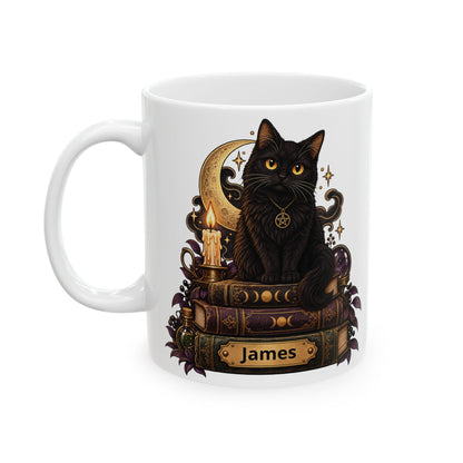 Witchy Black Cat design with a name on a white ceramic mug, view 3