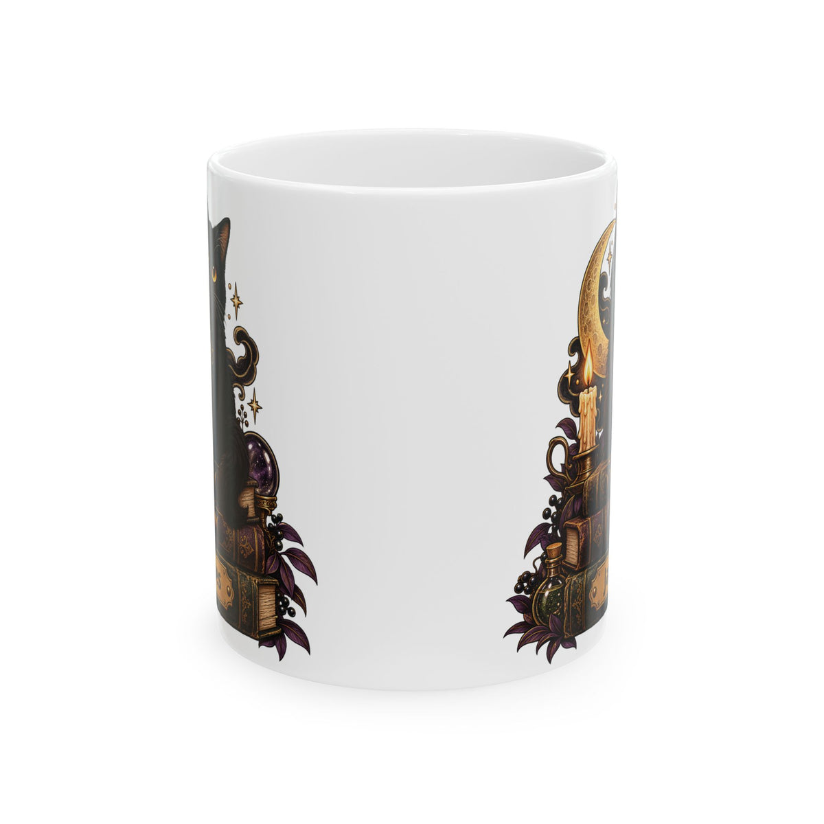 Witchy Black Cat design with a name on a white ceramic mug, view 4