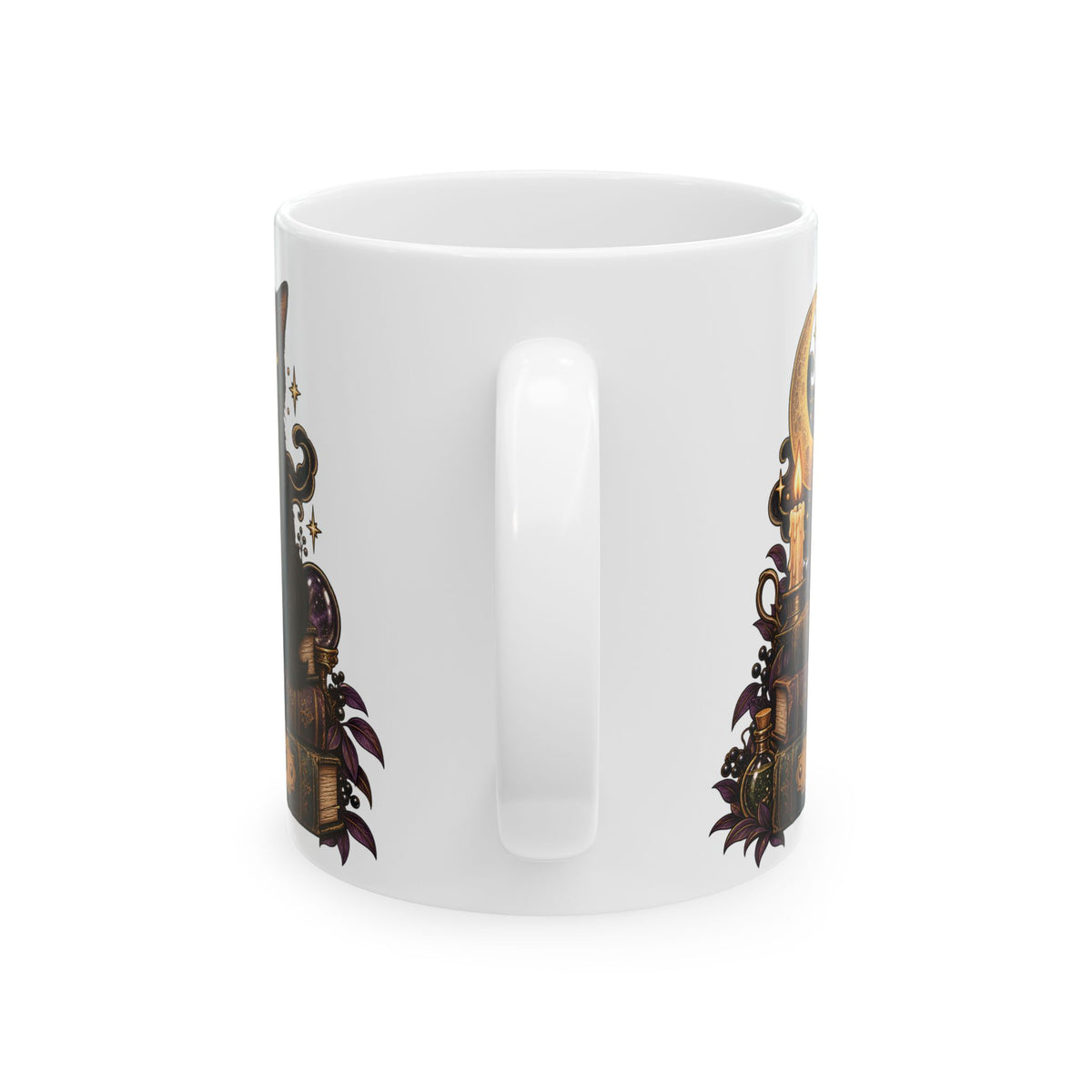 Witchy Black Cat design with a name on a white ceramic mug, view 5