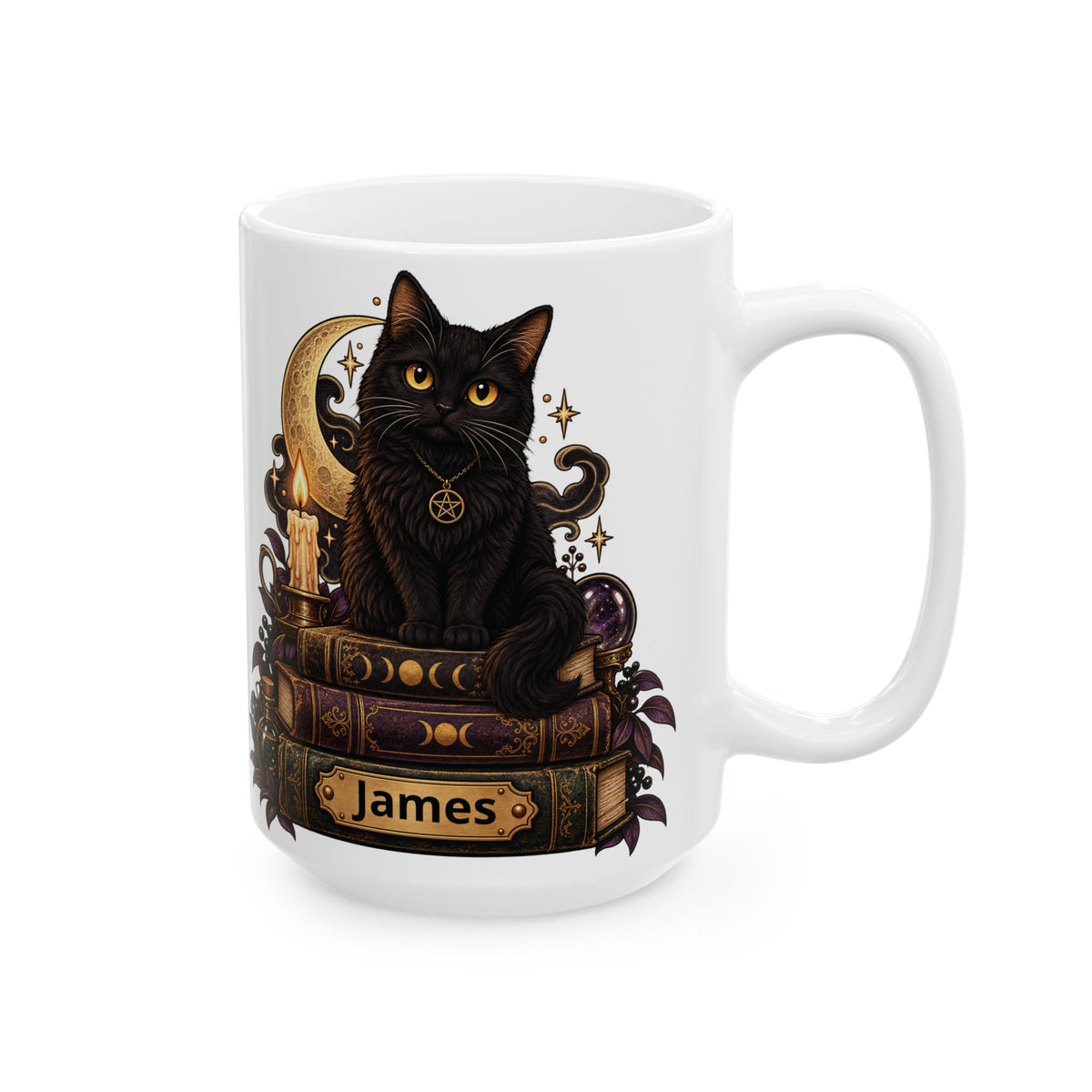 Witchy Black Cat design with a name on a white ceramic mug, view 6