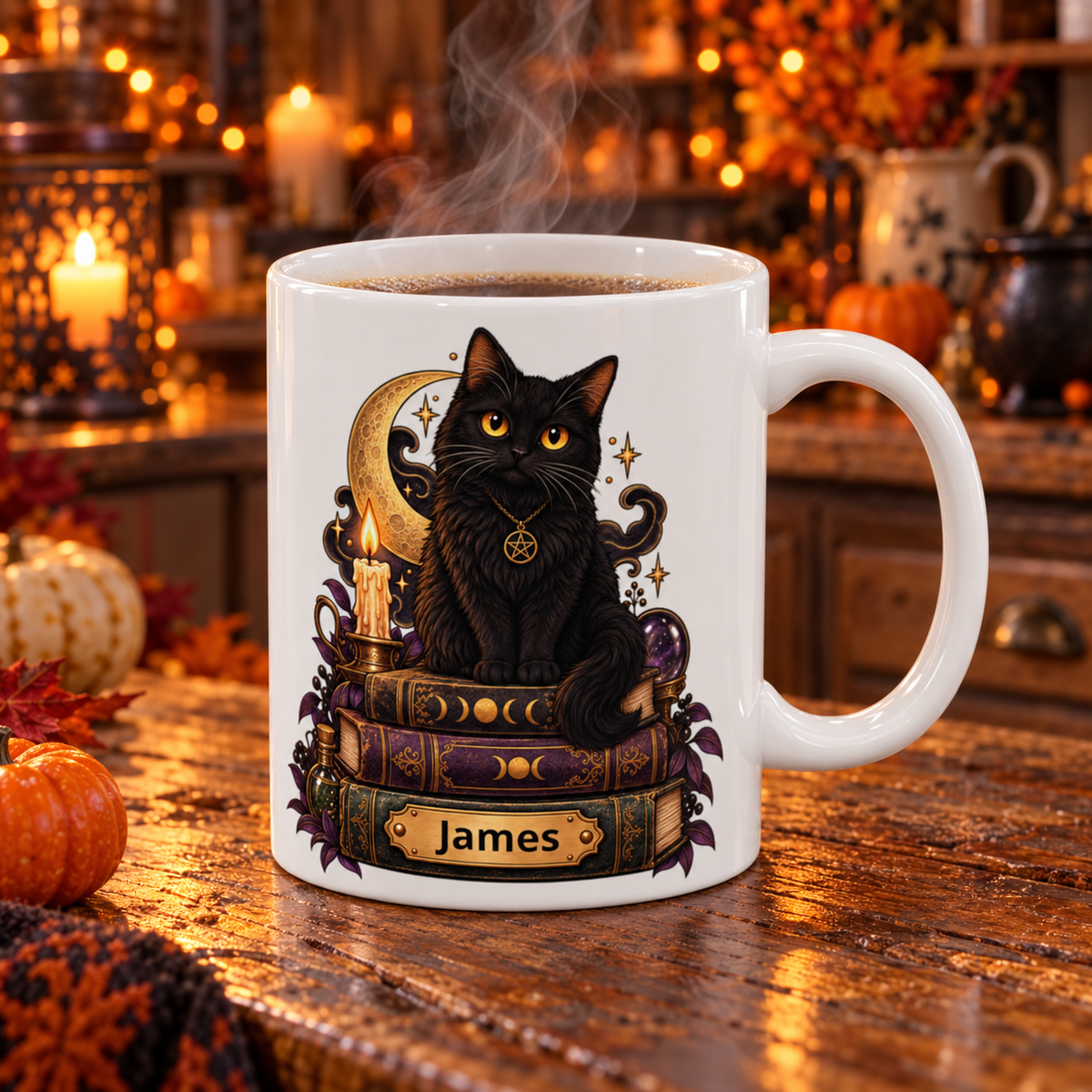 Witchy Black Cat design with a name on a white ceramic mug, view 7