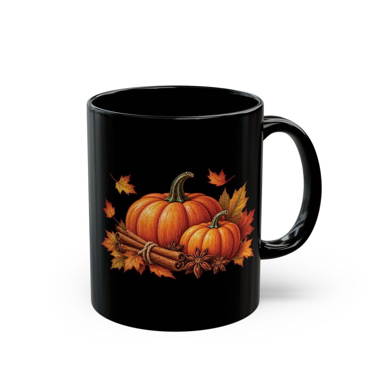Pumpkin Spice design with pumpkins and cinnamon on a black mug, view 1