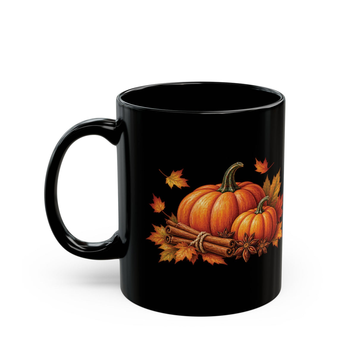 Pumpkin Spice design with pumpkins and cinnamon on a black mug, view 3