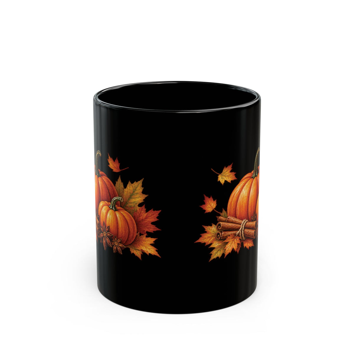 Pumpkin Spice design with pumpkins and cinnamon on a black mug, view 4